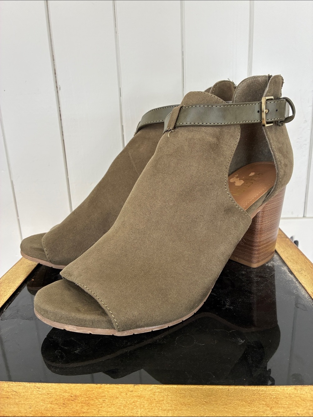 Kenneth Cole Reaction Olive Suede Peep-Toe Ankle Booties